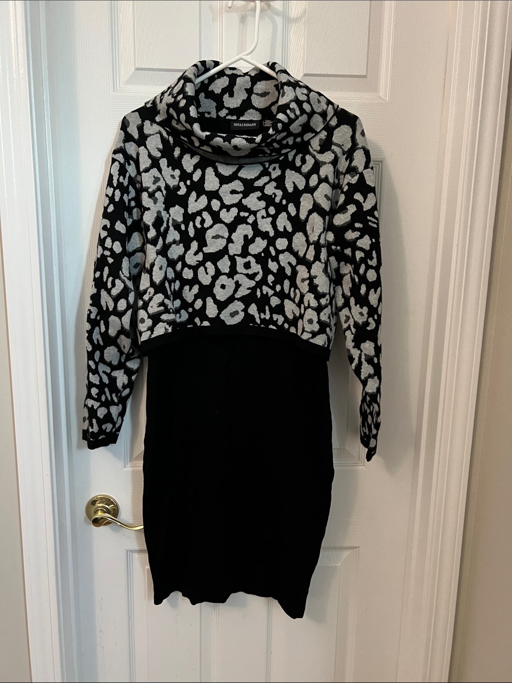 Nina Leonard Black Dress with Gray Leopard Knit Overlay